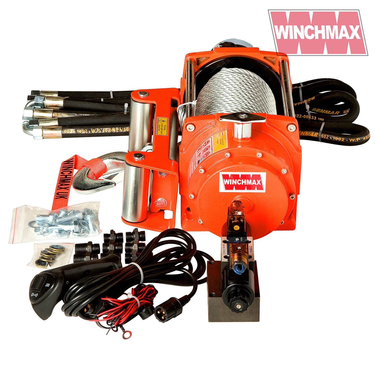 HYDRAULIC WINCH 20000 lb WINCHMAX ORIGINAL ORANGE WINCH WITH STEEL ROPE
