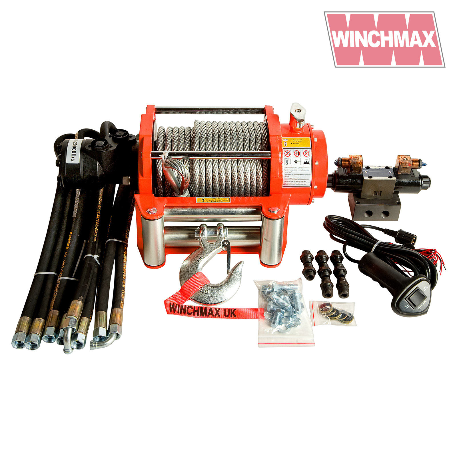 HYDRAULIC WINCH 20000 lb WINCHMAX ORIGINAL ORANGE WINCH WITH STEEL ROPE