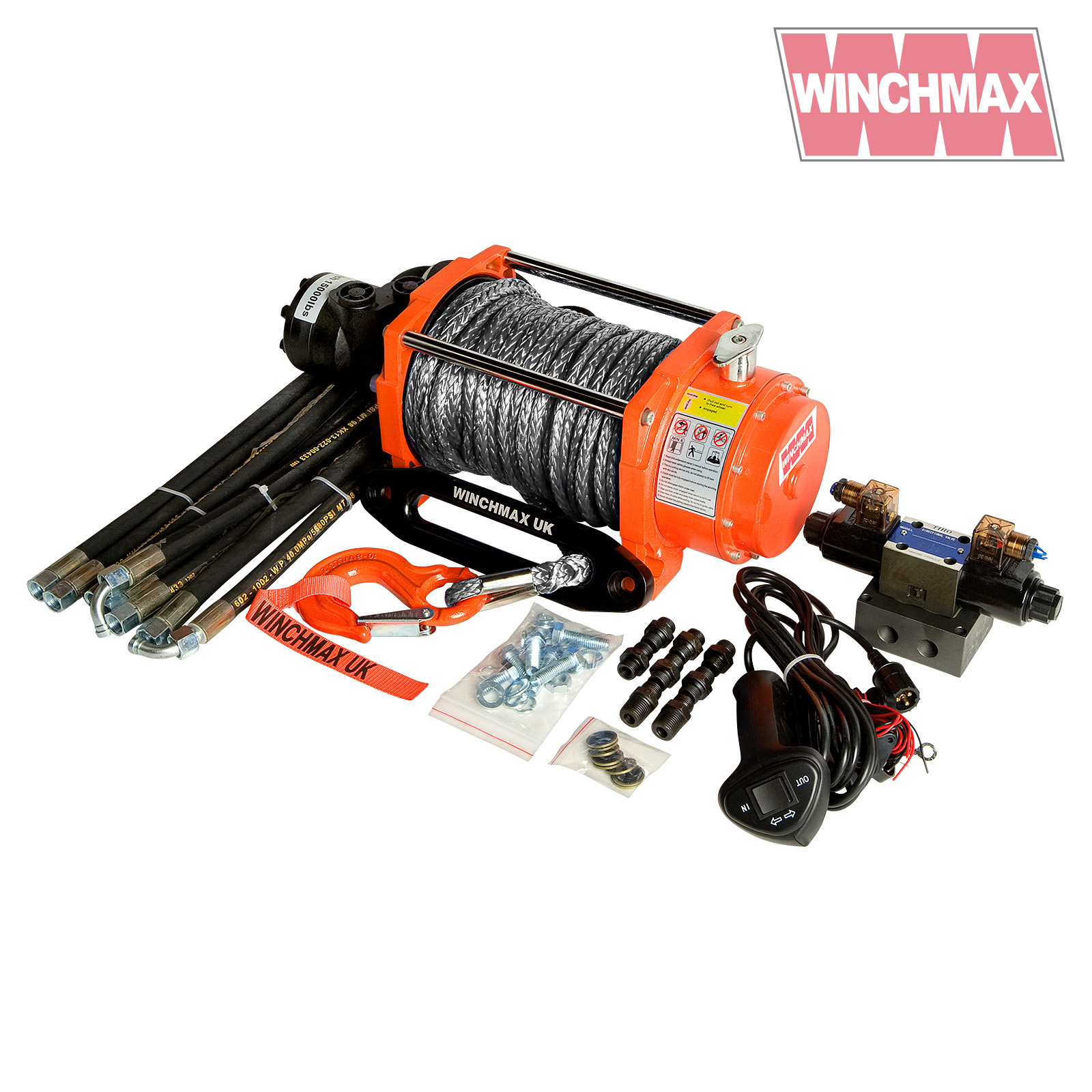 HYDRAULIC WINCH 15000 lb WINCHMAX ORIGINAL ORANGE WINCH, STEEL ROPE
