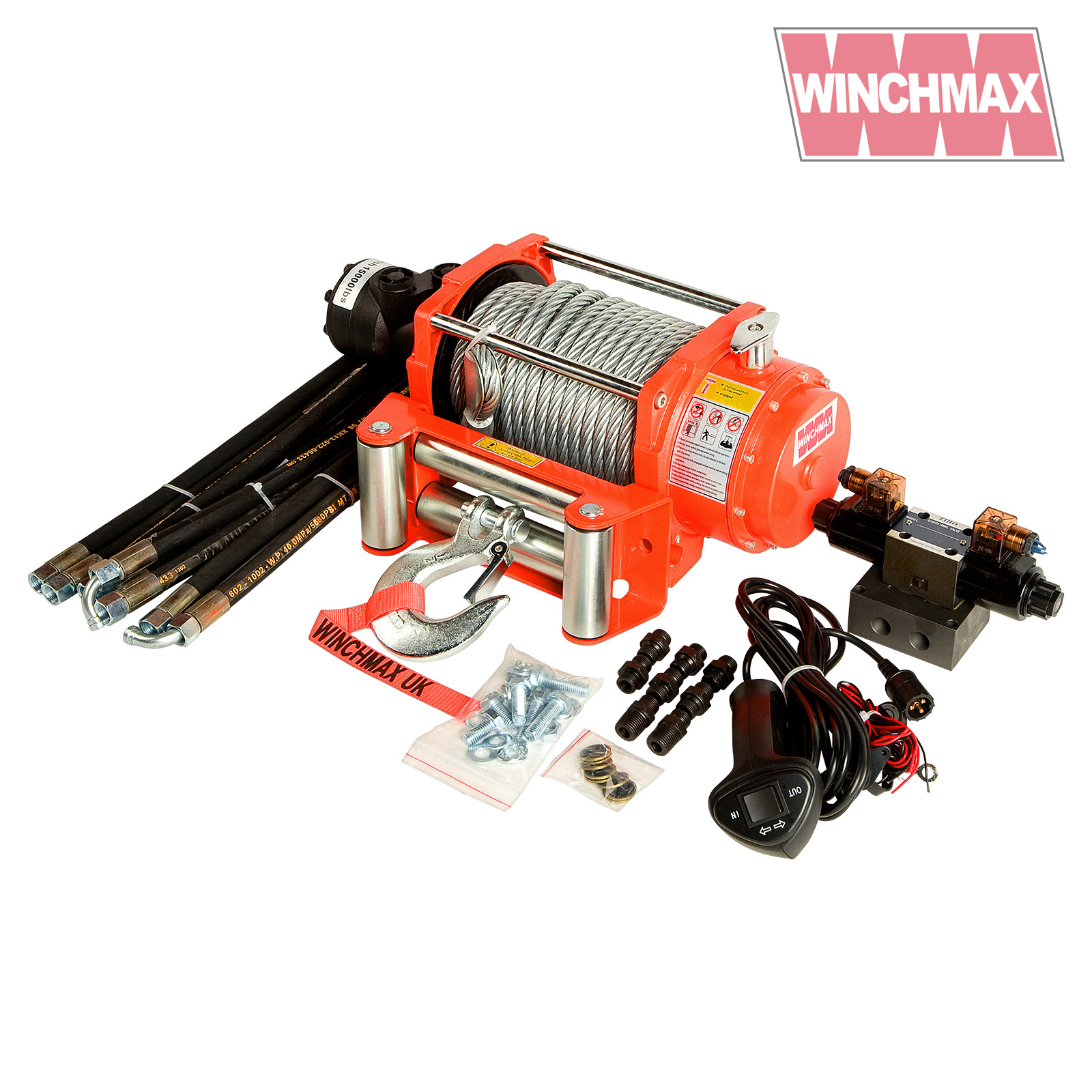 HYDRAULIC WINCH 15000 lb WINCHMAX ORIGINAL ORANGE WINCH WITH STEEL ROPE