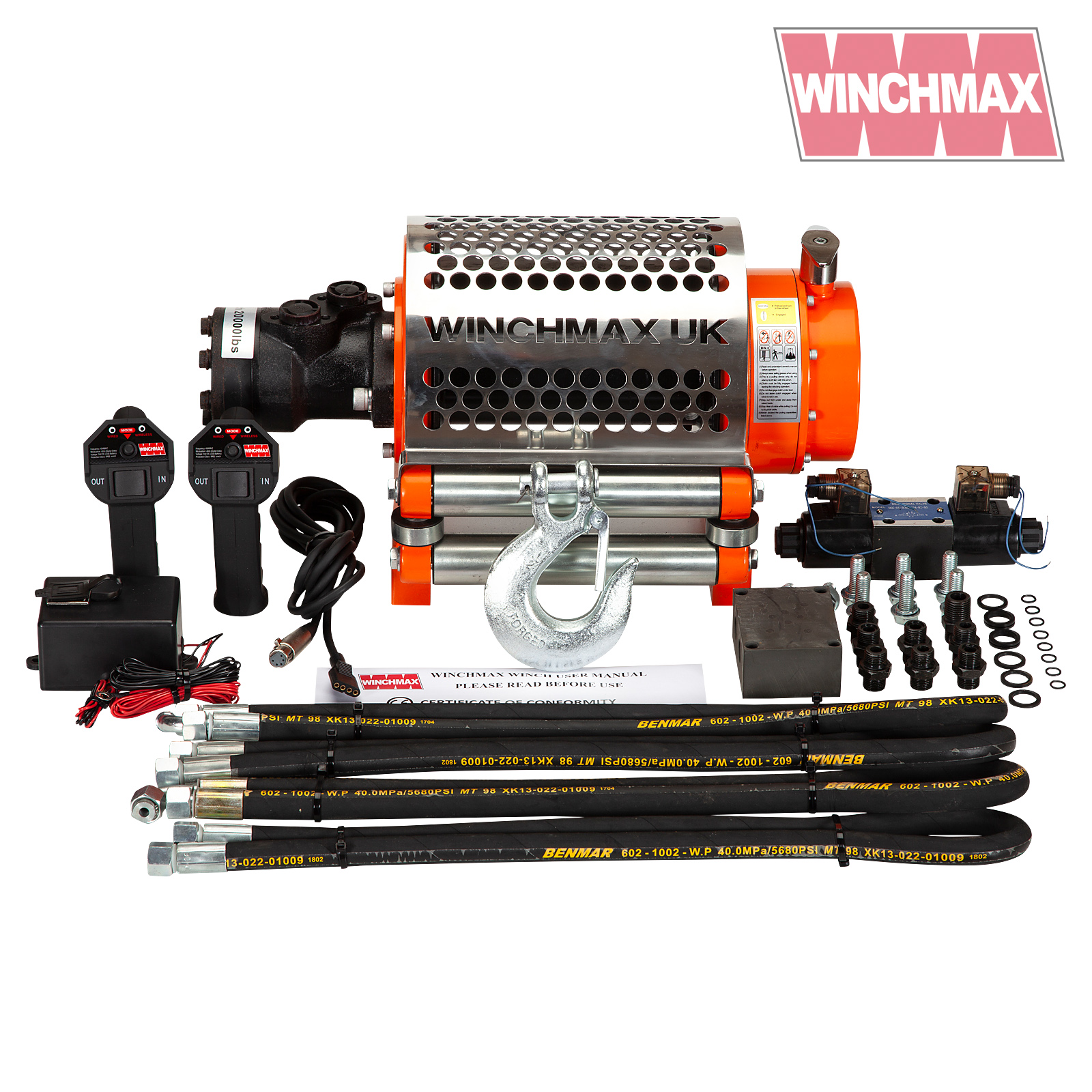 HYDRAULIC WINCH 20000 lb WINCHMAX ORIGINAL ORANGE WINCH, STEEL ROPE